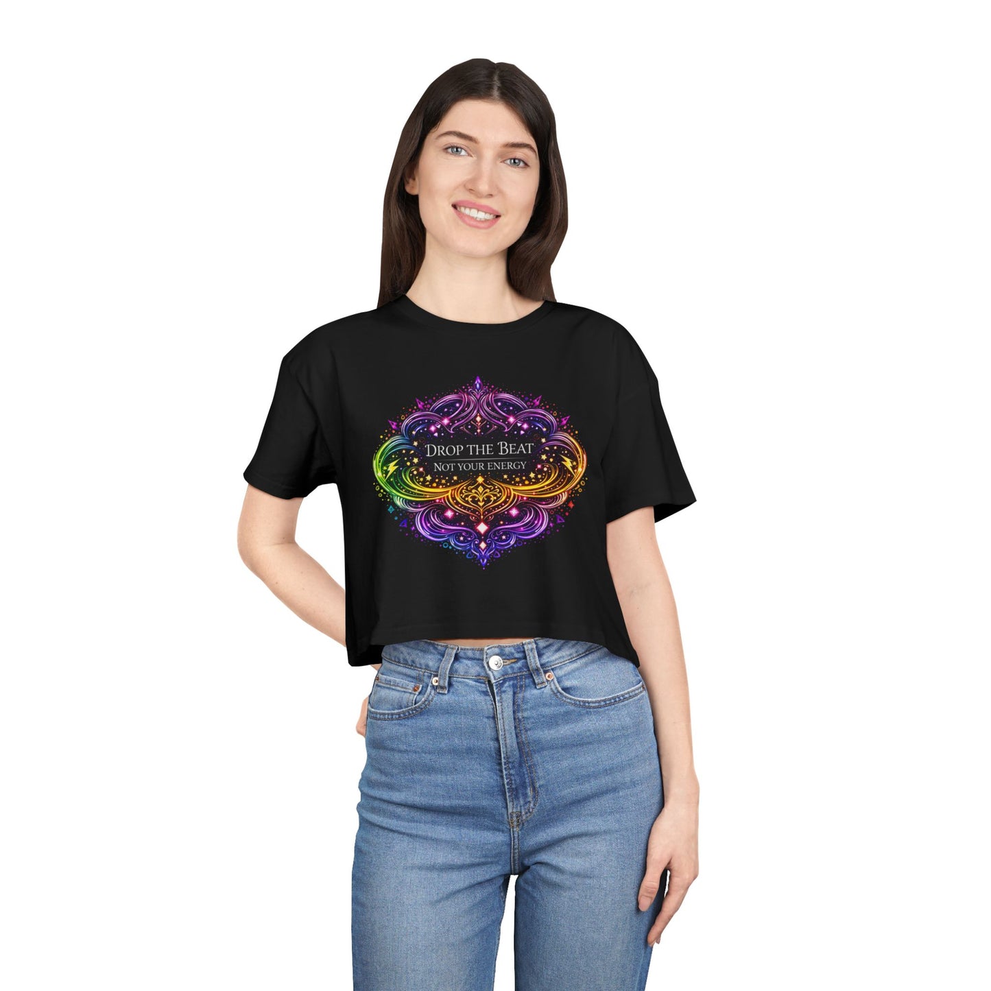 Women's Crop Tee — Rainbow Ornate 'Drop the Beat Not Your Energy' Festival Crop Top