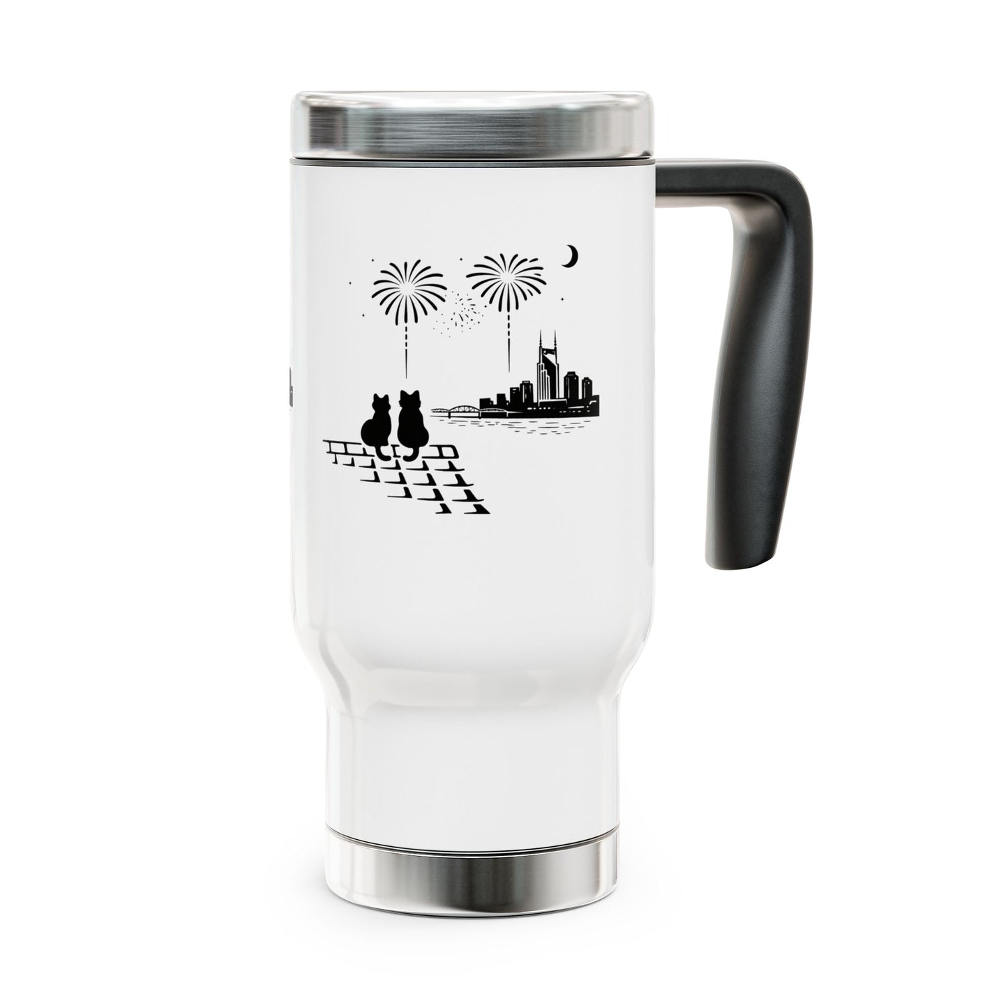 Cat Couple Skyline Travel Mug — 14oz Stainless Steel Tumbler with Handle