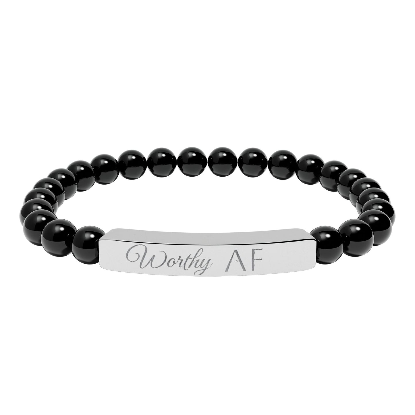 Worthy AF Natural Stone Stretch Bar Bracelet — Engraved Statement Jewelry