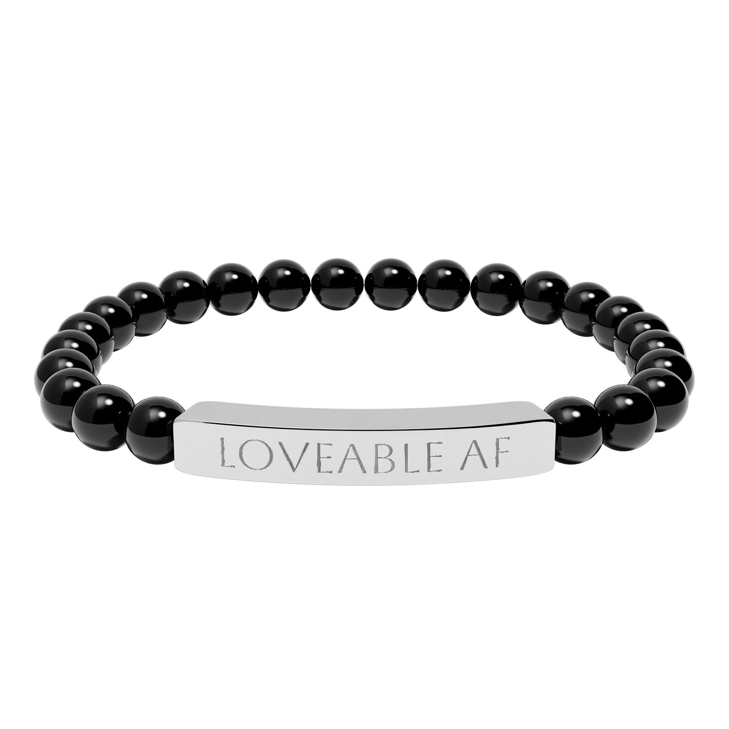 Engraved Natural Stone Bead Bracelet — "Loveable AF" Stretch Bar