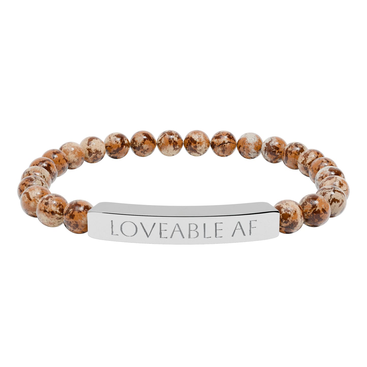 Engraved Natural Stone Bead Bracelet — "Loveable AF" Stretch Bar