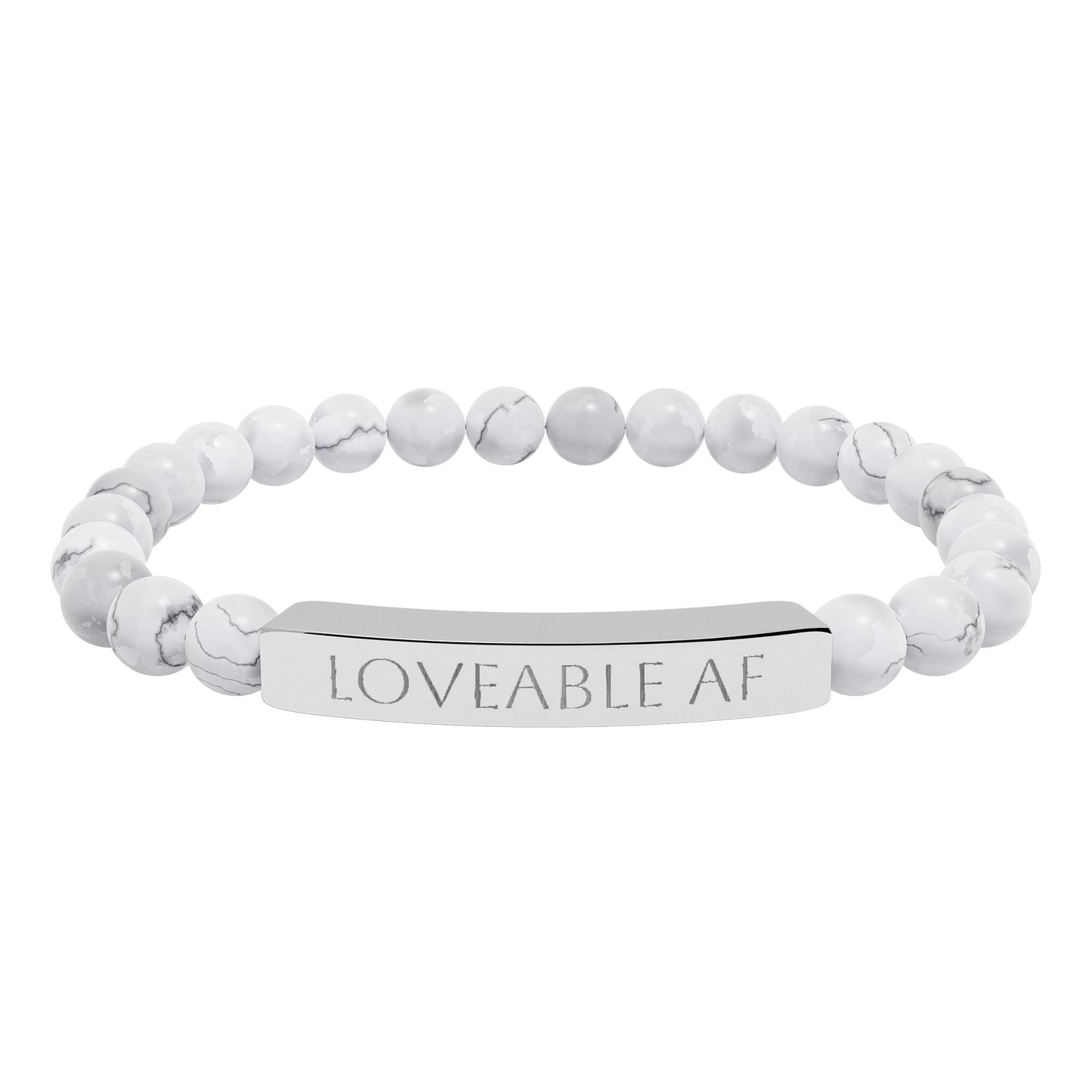 Engraved Natural Stone Bead Bracelet — "Loveable AF" Stretch Bar