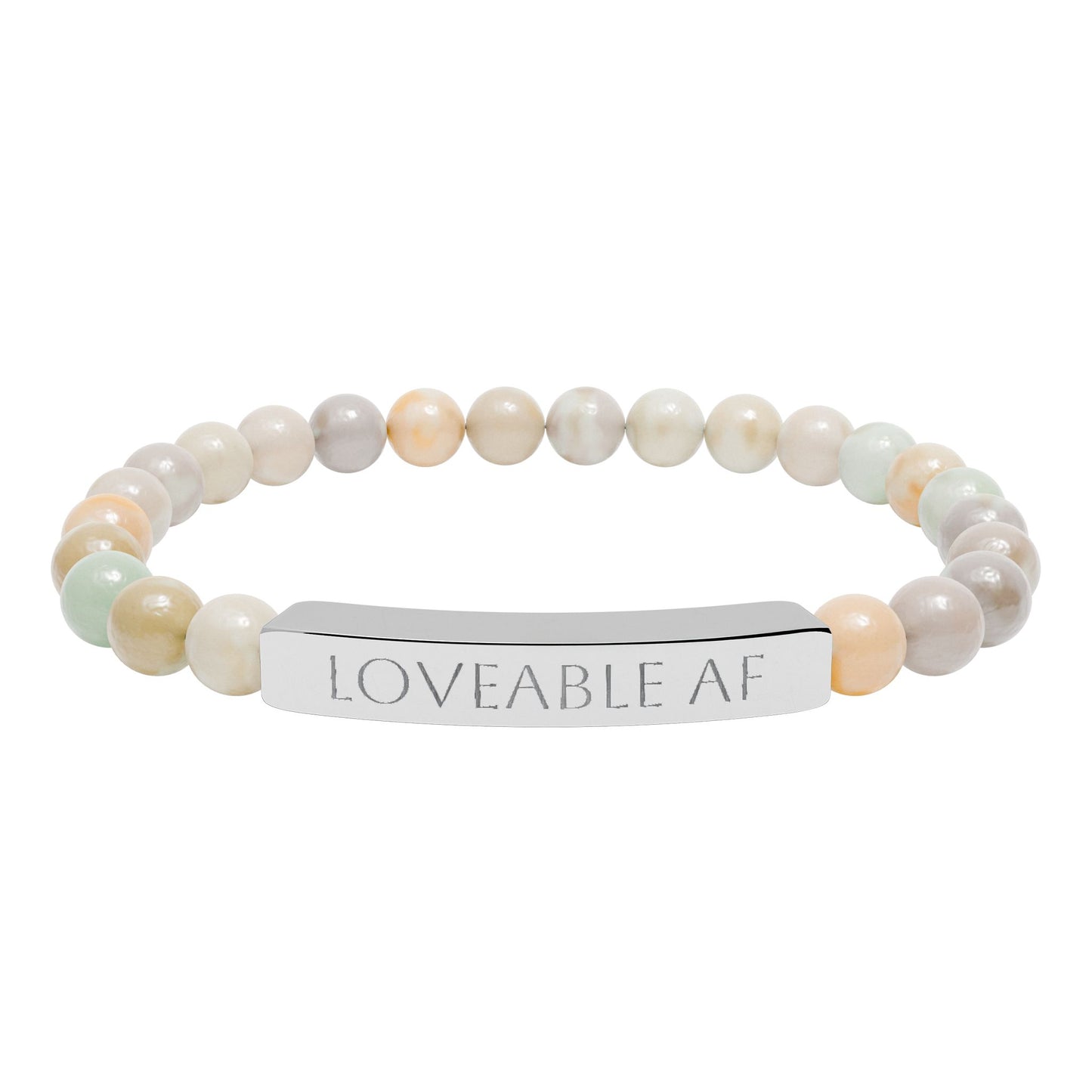 Engraved Natural Stone Bead Bracelet — "Loveable AF" Stretch Bar