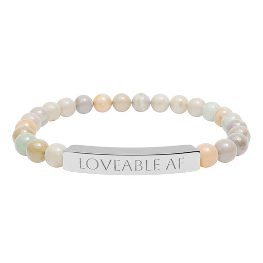 Engraved Natural Stone Bead Bracelet — "Loveable AF" Stretch Bar