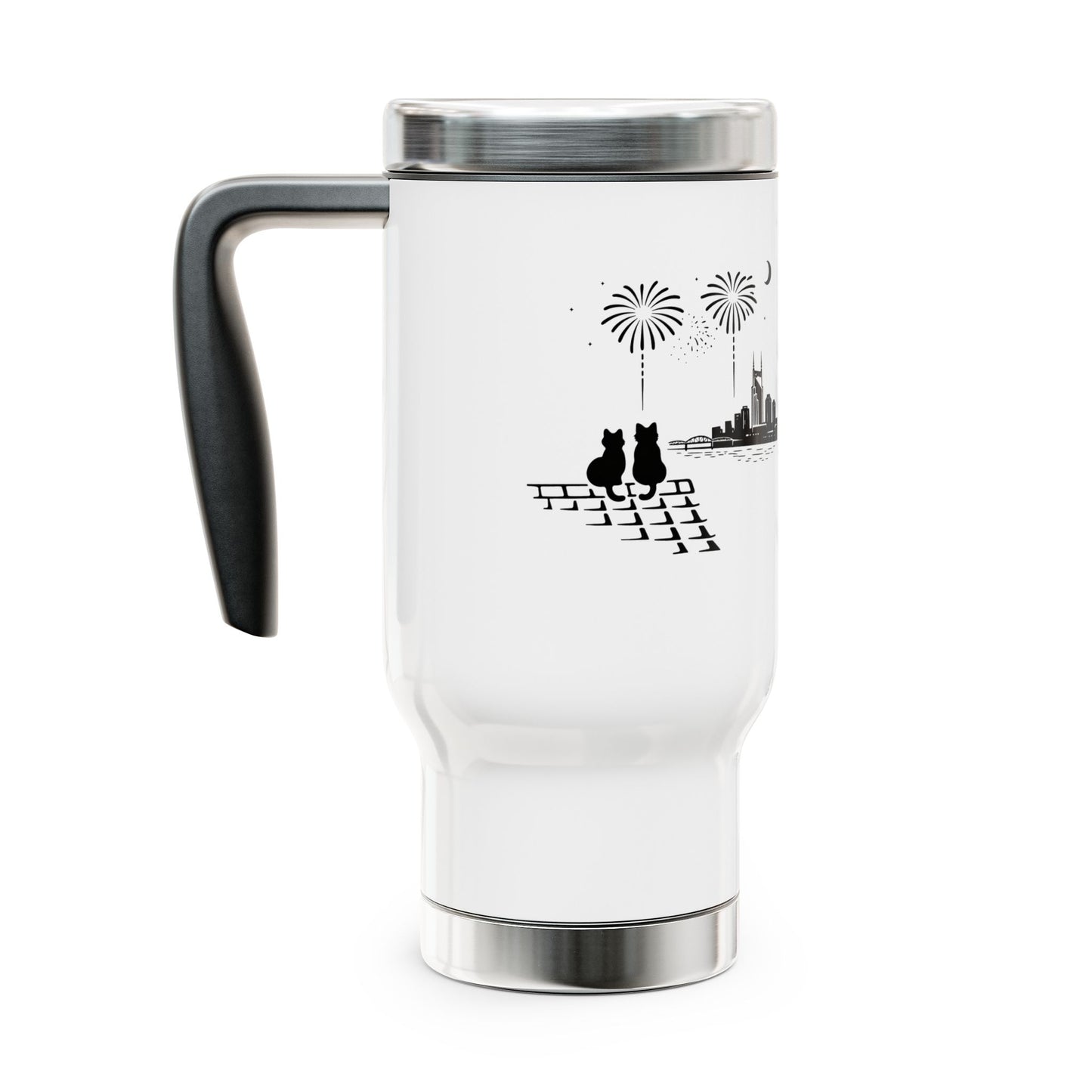 Cat Couple Skyline Travel Mug — 14oz Stainless Steel Tumbler with Handle