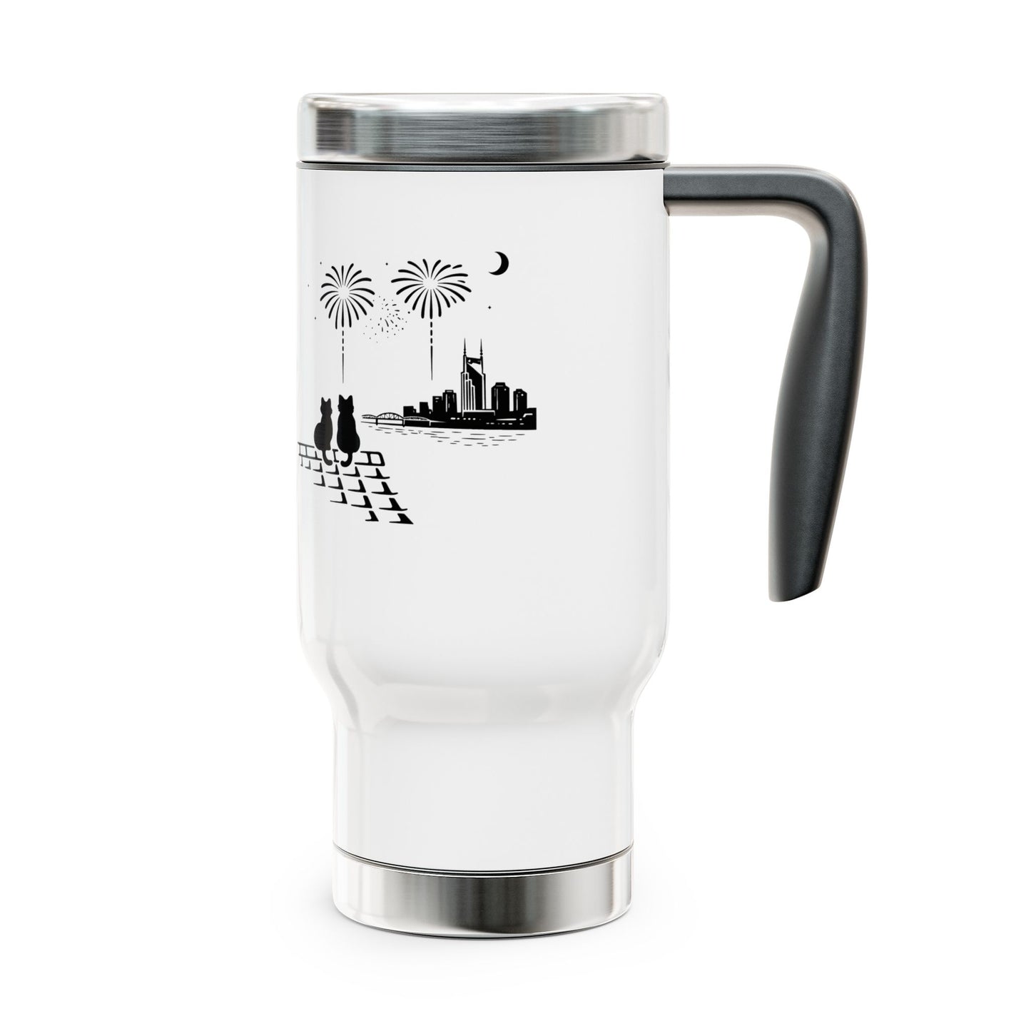 Cat Couple Skyline Travel Mug — 14oz Stainless Steel Tumbler with Handle
