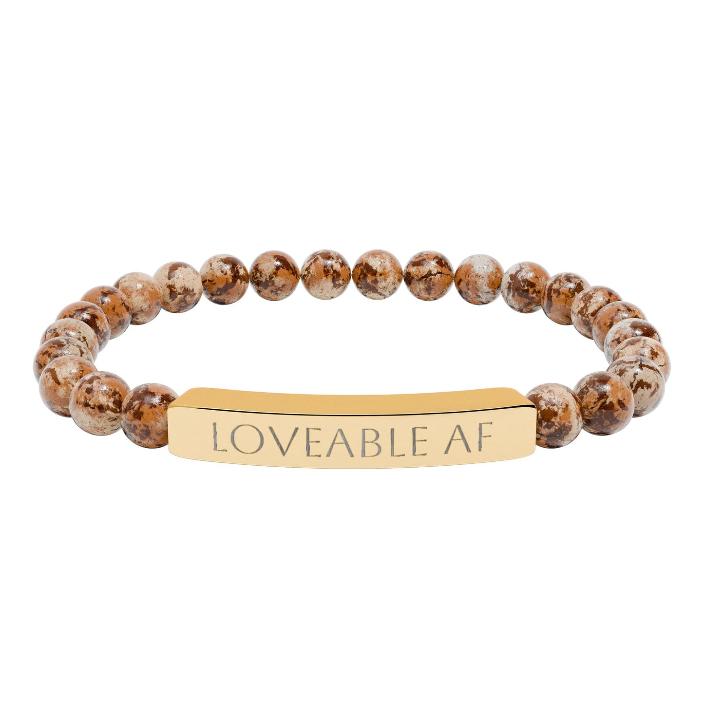 Engraved Natural Stone Bead Bracelet — "Loveable AF" Stretch Bar