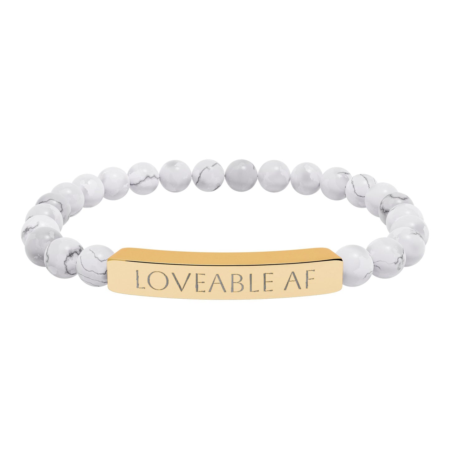 Engraved Natural Stone Bead Bracelet — "Loveable AF" Stretch Bar