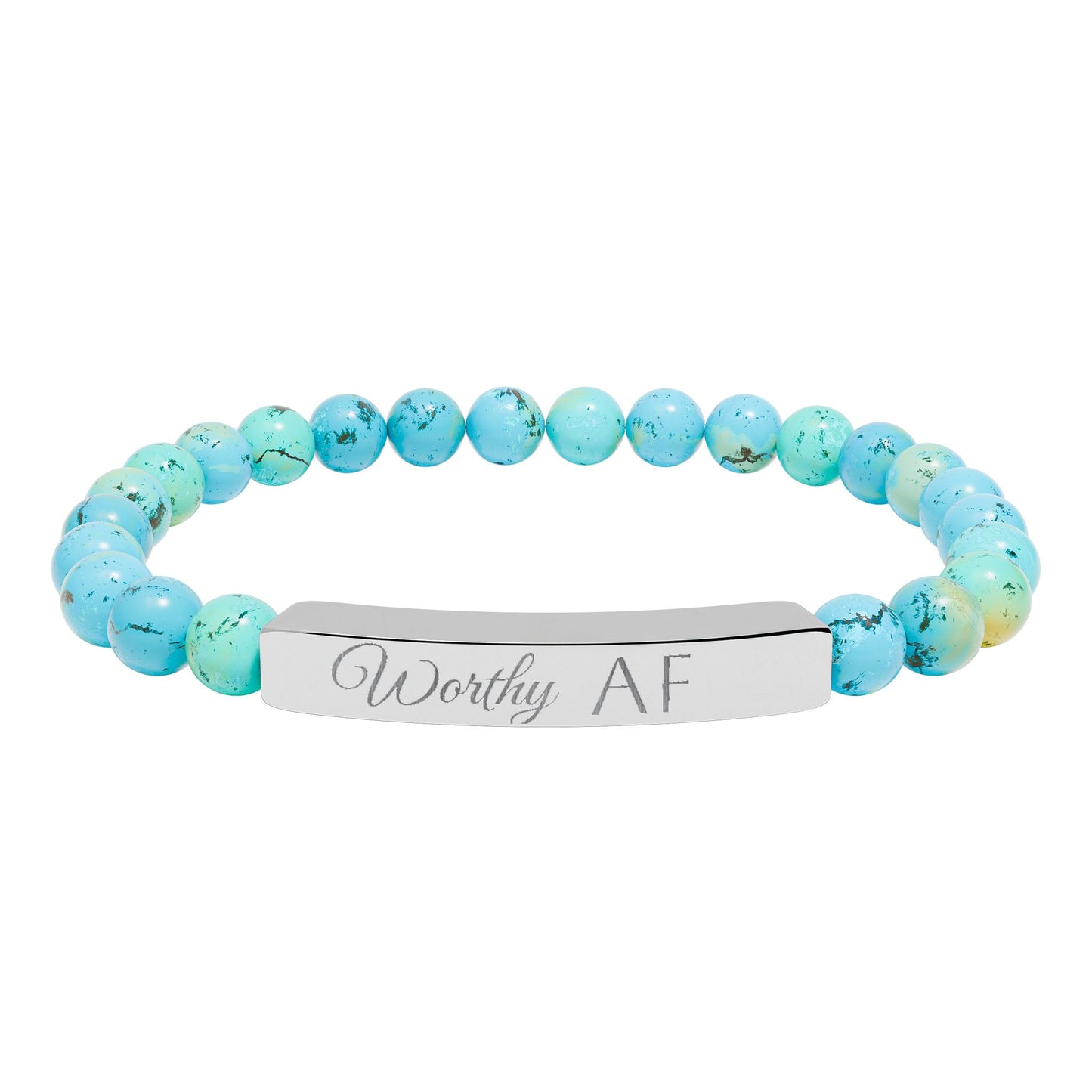 Worthy AF Natural Stone Stretch Bar Bracelet — Engraved Statement Jewelry