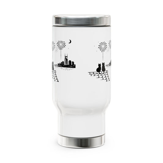 Cat Couple Skyline Travel Mug — 14oz Stainless Steel Tumbler with Handle