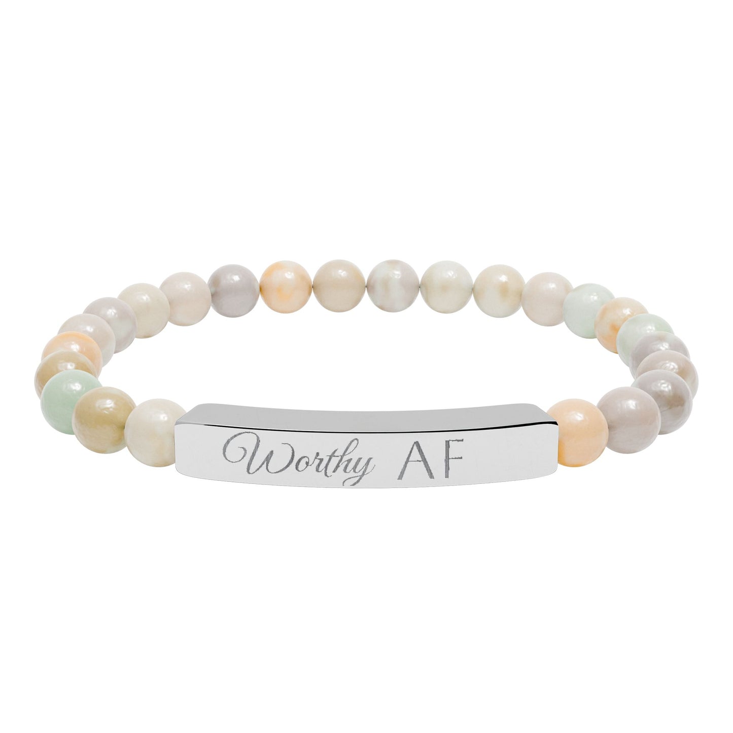 Worthy AF Natural Stone Stretch Bar Bracelet — Engraved Statement Jewelry