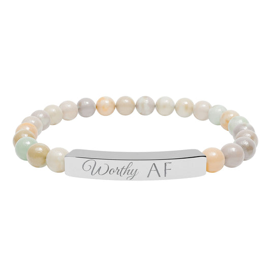 Worthy AF Natural Stone Stretch Bar Bracelet — Engraved Statement Jewelry