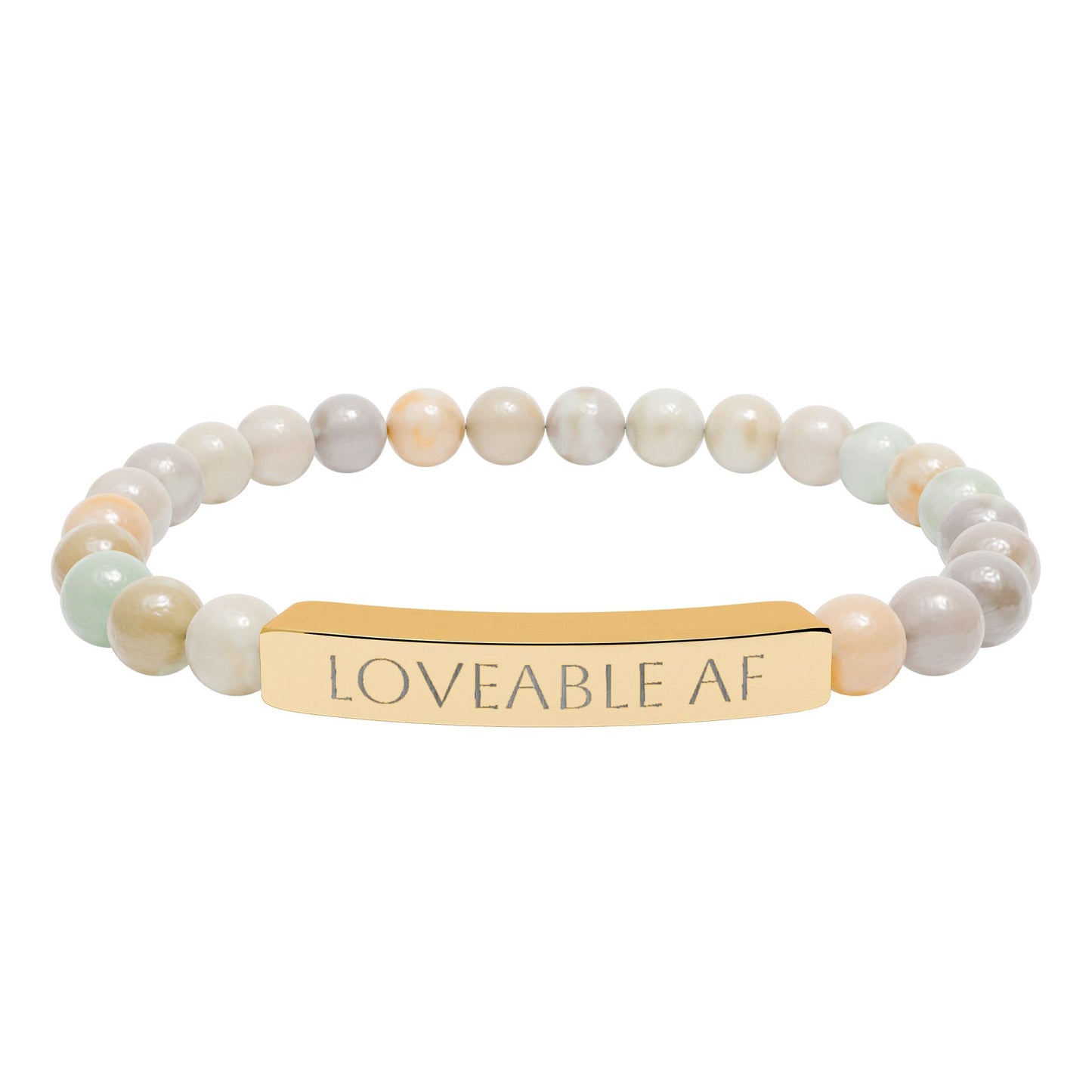 Engraved Natural Stone Bead Bracelet — "Loveable AF" Stretch Bar