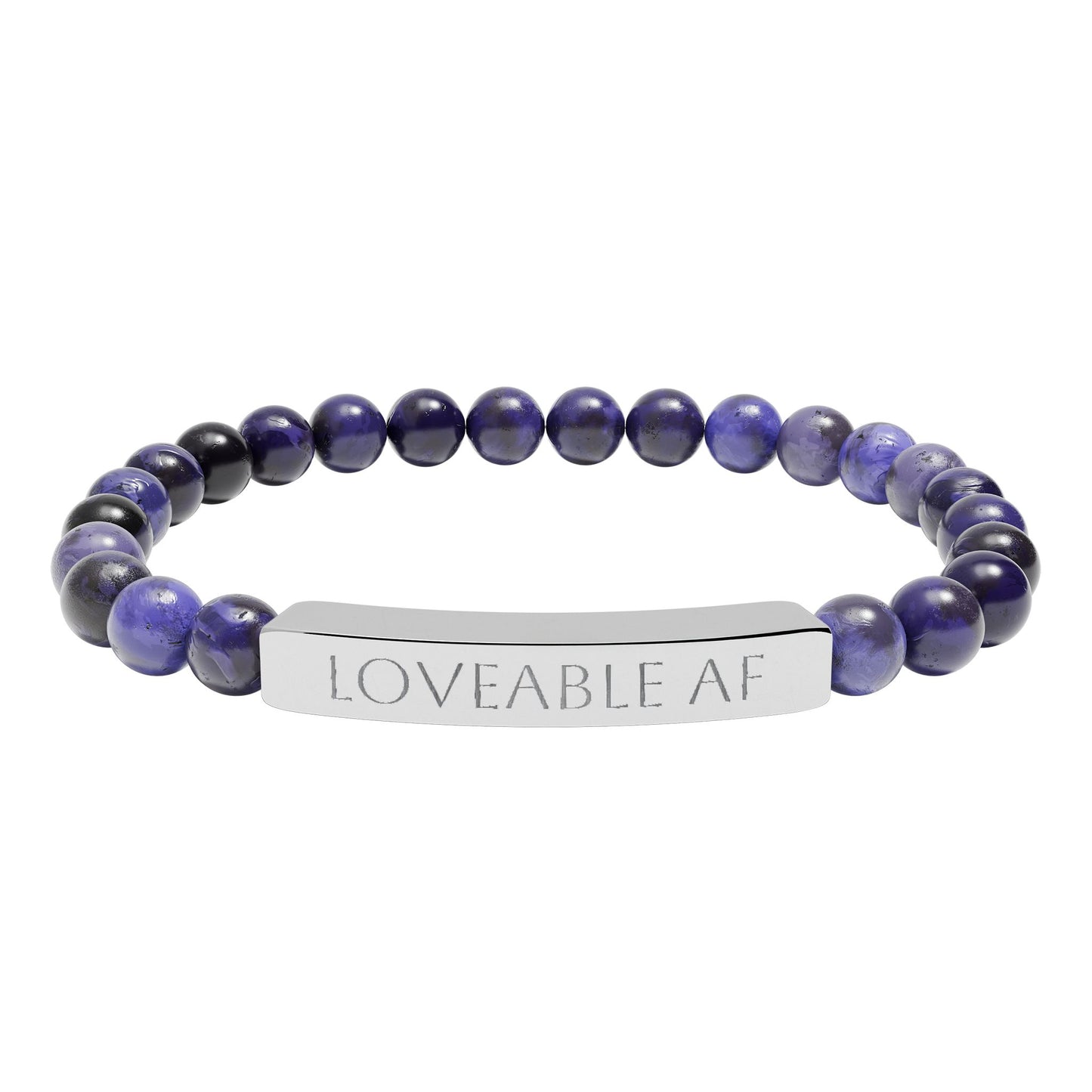 Engraved Natural Stone Bead Bracelet — "Loveable AF" Stretch Bar