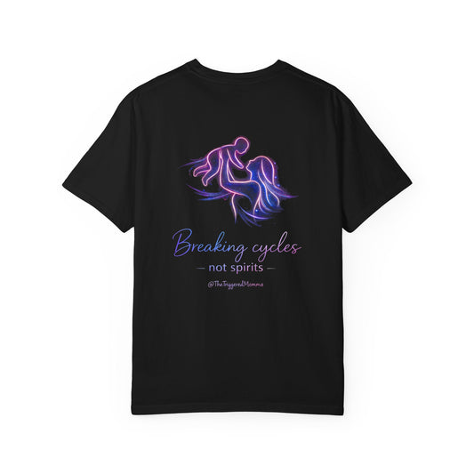Breaking Cycles Not Spirits T-Shirt — Meditating Pocket Graphic