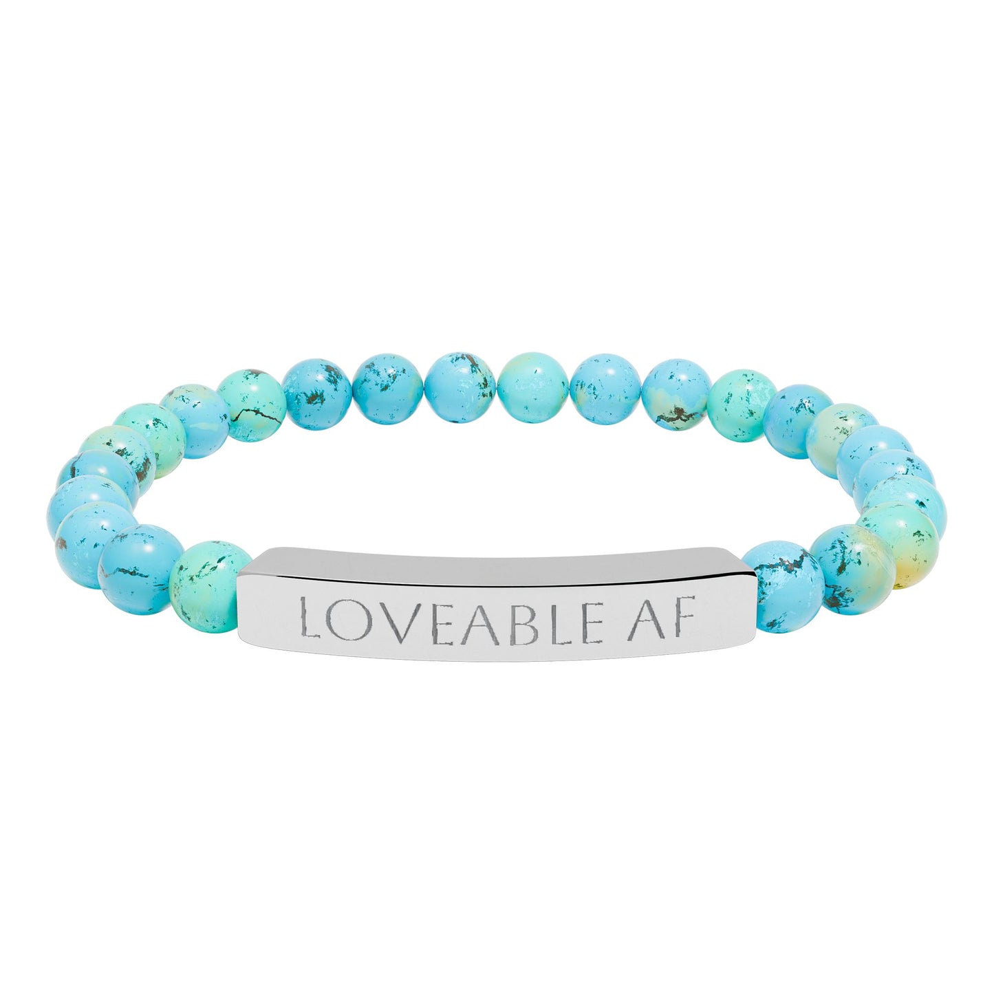 Engraved Natural Stone Bead Bracelet — "Loveable AF" Stretch Bar